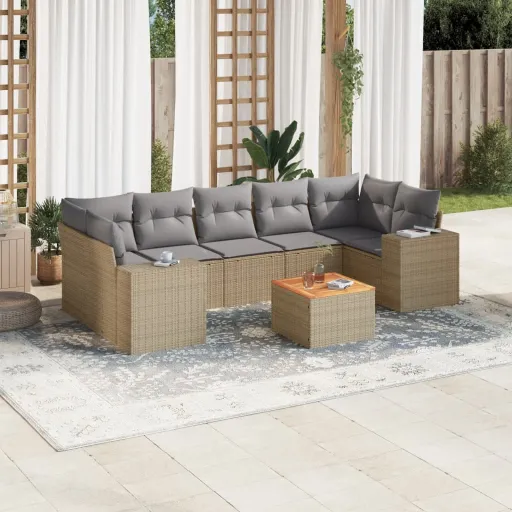 Conjunto de Sofás p/ Jardim com Almofadões Vime PE Bege (8 pcs)
