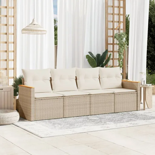 Conjunto de Sofás para Jardim c/ Almofadões Vime PE Bege (4 pcs)