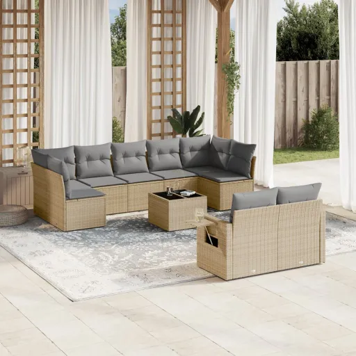 Conjunto de Sofás p/ Jardim com Almofadões Vime PE Bege (10 pcs)