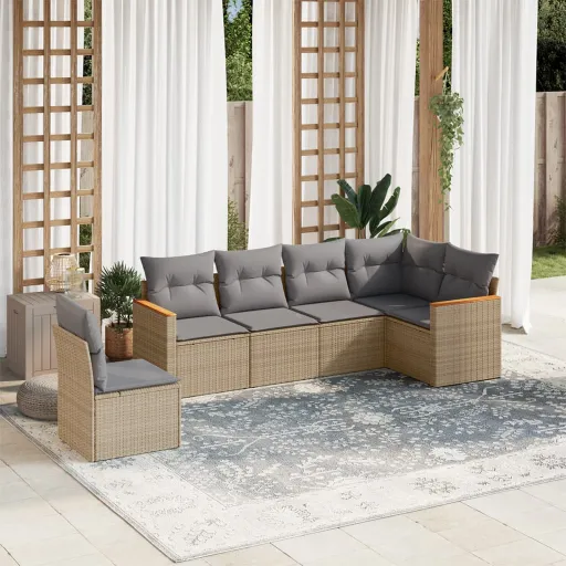 Conj. Sofás Jardim c/ Almofadões Vime PE Bege Misturado (6 pcs)