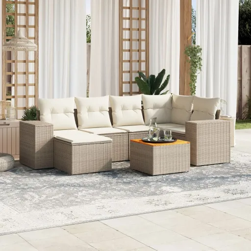 Conjunto de Sofás p/ Jardim com Almofadões Vime PE Bege (7 pcs)