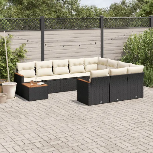 Conjunto Sofás de Jardim c/ Almofadões Vime PE Preto (11 pcs)