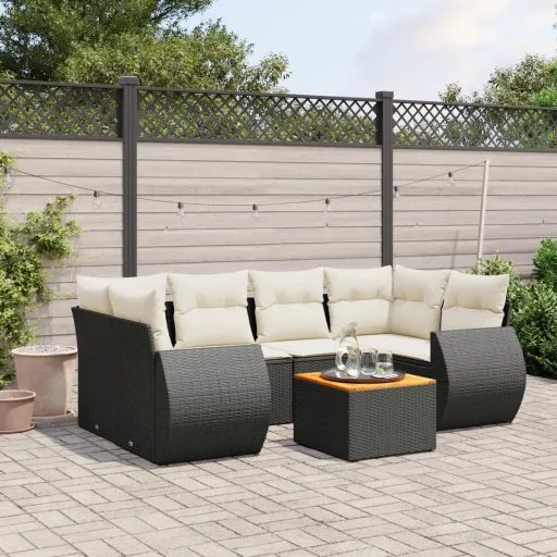 Conjunto de Sofás p/ Jardim c/ Almofadões Vime PE Preto (7 pcs)