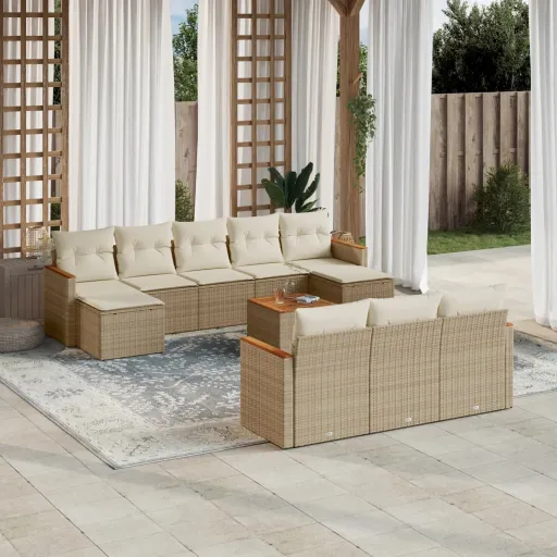 Conjunto Sofás de Jardim c/ Almofadões Vime PE Bege (11 pcs)