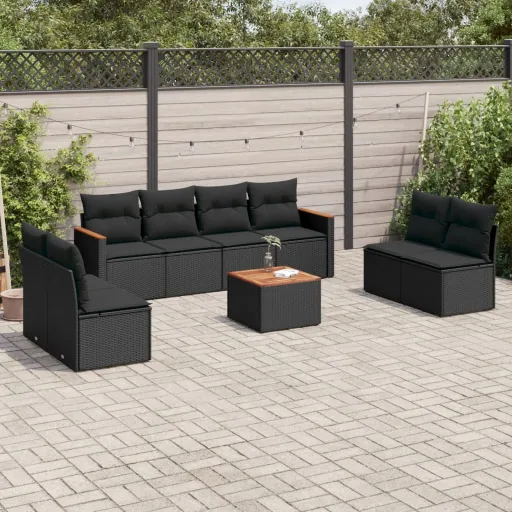 Conjunto de Sofás p/ Jardim c/ Almofadões Vime PE Preto (9 pcs)