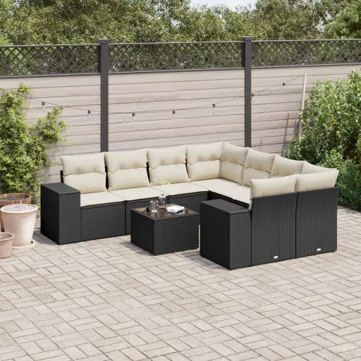 Conjunto de Sofás p/ Jardim c/ Almofadões Vime PE Preto (9 pcs)
