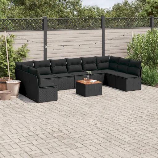 Conjunto Sofás de Jardim c/ Almofadões Vime PE Preto (11 pcs)