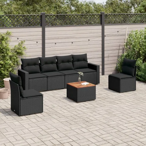 Conjunto de Sofás p/ Jardim c/ Almofadões Vime PE Preto (7 pcs)