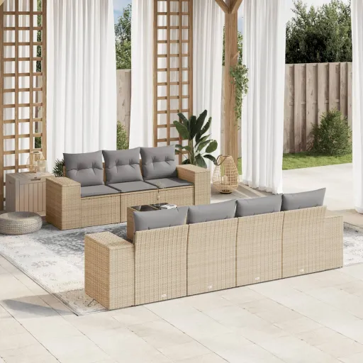 Conjunto de Sofás p/ Jardim com Almofadões Vime PE Bege (8 pcs)