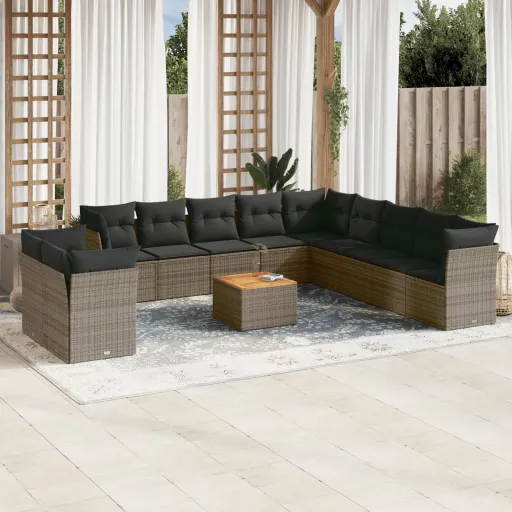 Conjunto de Sofás Jardim c/ Almofadões Vime PE Cinzento (12 pcs)