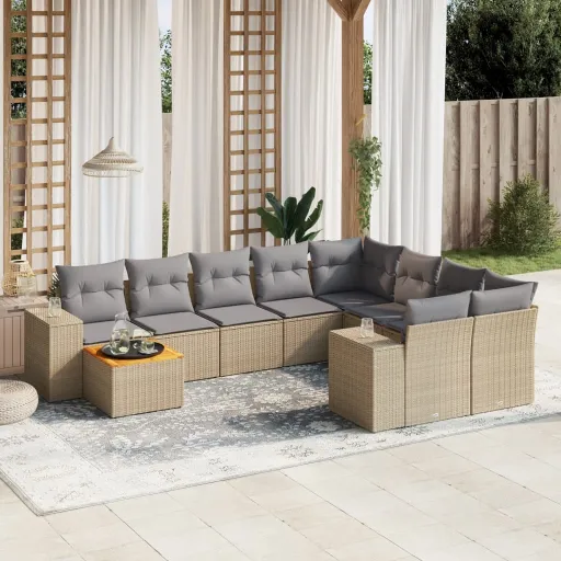 Conjunto de Sofás p/ Jardim com Almofadões Vime PE Bege (10 pcs)