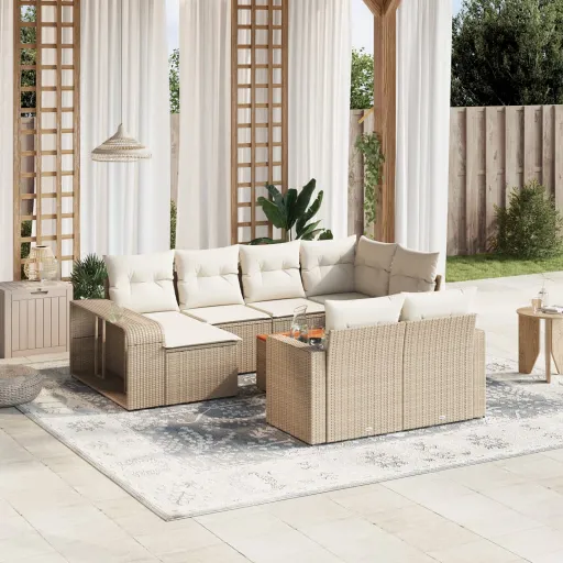 Conjunto Sofás de Jardim c/ Almofadões Vime PE Bege (11 pcs)