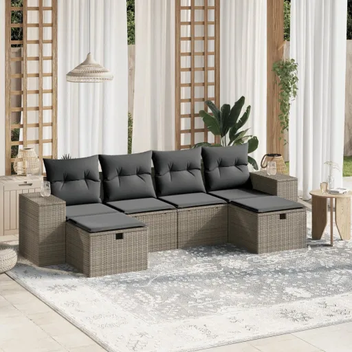 Conj. Sofás Jardim com Almofadões Vime PE Cinzento-Claro (6 pcs)