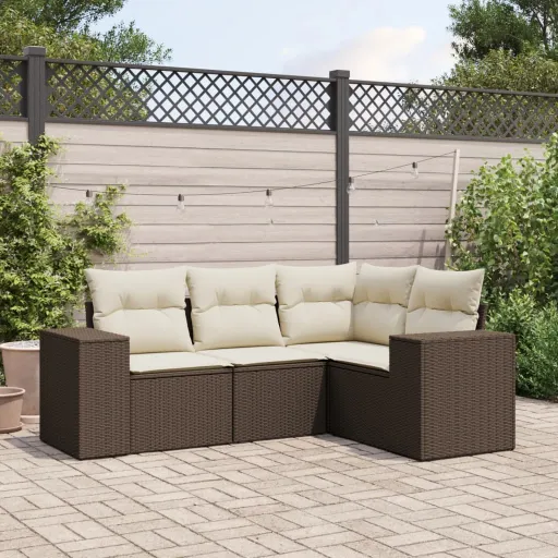 Conjunto Sofás de Jardim c/ Almofadões Vime PE Castanho (4 pcs)