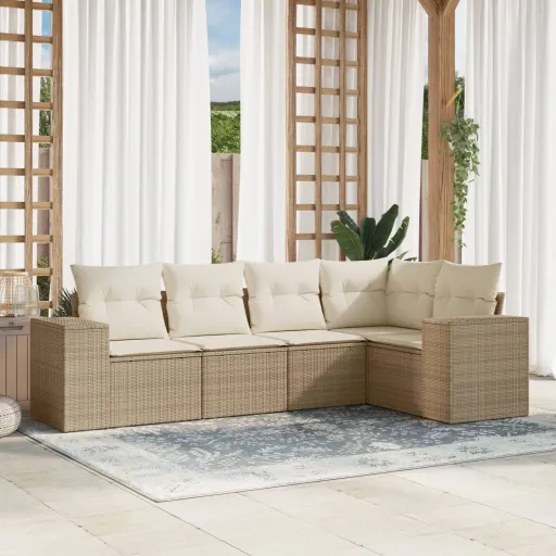 Conjunto de Sofás p/ Jardim com Almofadões Vime PE Bege (5 pcs)