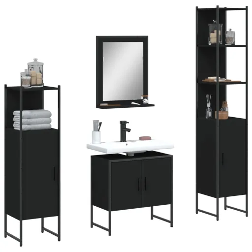 Conjunto Móveis Casa de Banho Derivados de Madeira Preto (4 pcs)