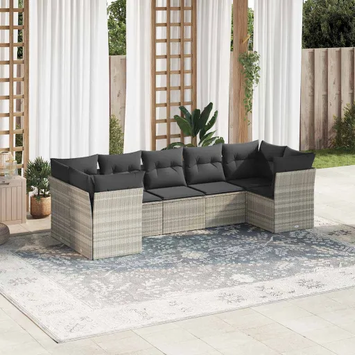 Conj. Sofás Jardim com Almofadões Vime PE Cinzento-Claro (7 pcs)