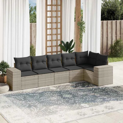Conj. Sofás Jardim com Almofadões Vime PE Cinzento-Claro (6 pcs)