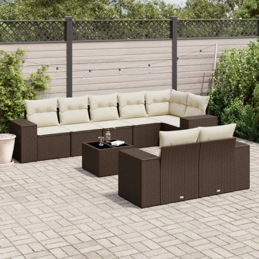 Conjunto Sofás p/ Jardim c/ Almofadões Vime PE Castanho (9 pcs)