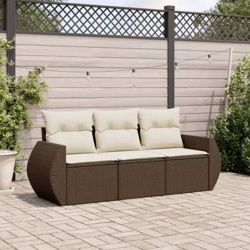 Conjunto Sofás de Jardim com Almofadões Vime PE Castanho (3 pcs)