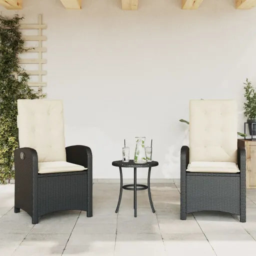 Cadeiras de Jardim Reclináveis c/ Almofadões   Vime PE Preto (2 pcs)