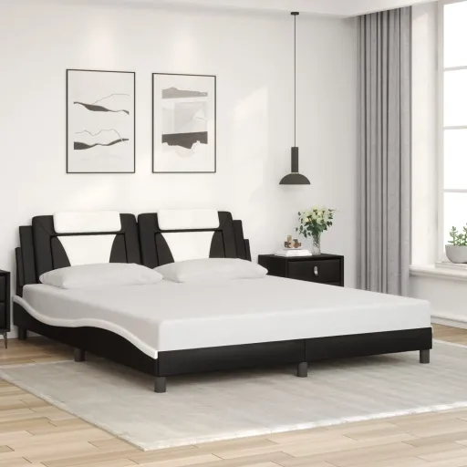 Estrutura de Cama Viana Sem Colchão Couro Artificial Preto e Branco