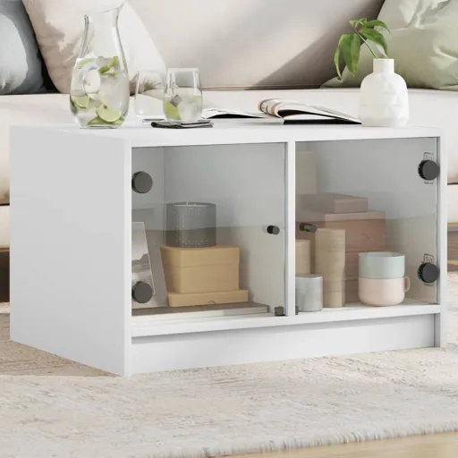 Mesa de Centro c/ Portas de Vidro 68x50x42 cm Branco