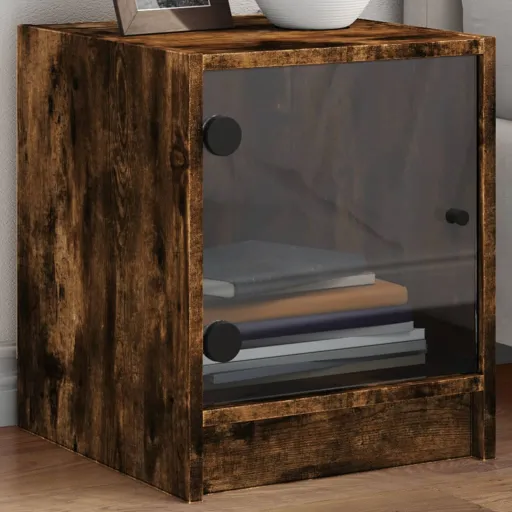 Mesa de Cabeceira c/ Porta de Vidro 35x37x42 cm Carvalho Fumado