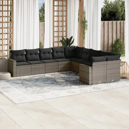 Conjunto Sofás de Jardim c/ Almofadões Vime PE Cinzento (10 pcs)