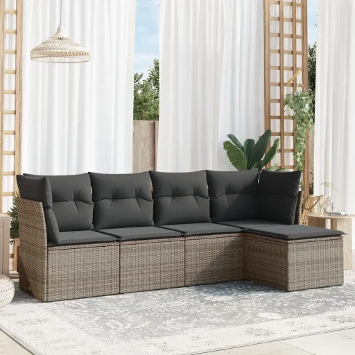 Conjunto Sofás de Jardim c/ Almofadões Vime PE Cinzento (5 pcs)