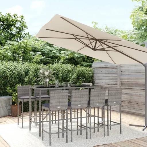 Conjunto de Bar p/ Jardim c/ Almofadões Vime PE Cinzento (9 pcs)