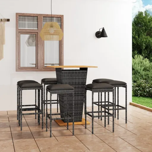 Conjunto de Bar p/ Jardim c/ Almofadões Vime PE Cinzento (9 pcs)