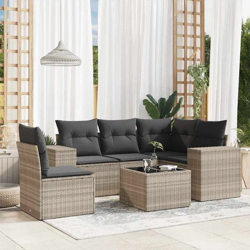 Conj. Sofás Jardim com Almofadões Vime PE Cinzento-Claro (6 pcs)