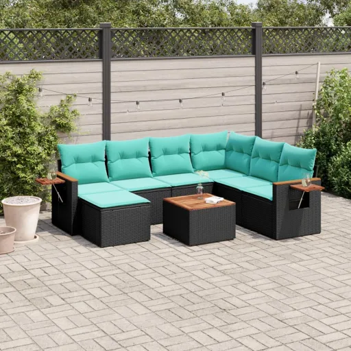 Conjunto de Sofás p/ Jardim c/ Almofadões Vime PE Preto (8 pcs)