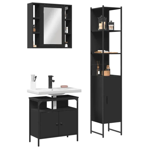 Conjunto Móveis Casa de Banho Derivados de Madeira Preto (3 pcs)