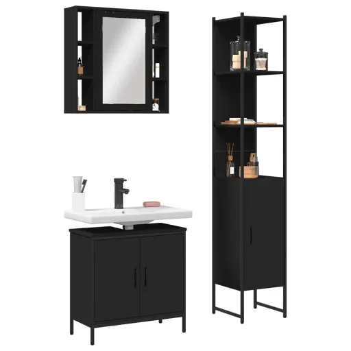 Conjunto Móveis Casa de Banho Derivados de Madeira Preto (3 pcs)
