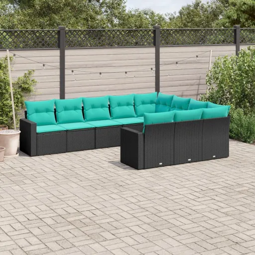 Conjunto de Sofás p/ Jardim c/ Almofadões Vime PE Preto (10 pcs)