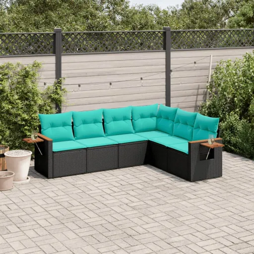 Conjunto de Sofás p/ Jardim c/ Almofadões Vime PE Preto (6 pcs)