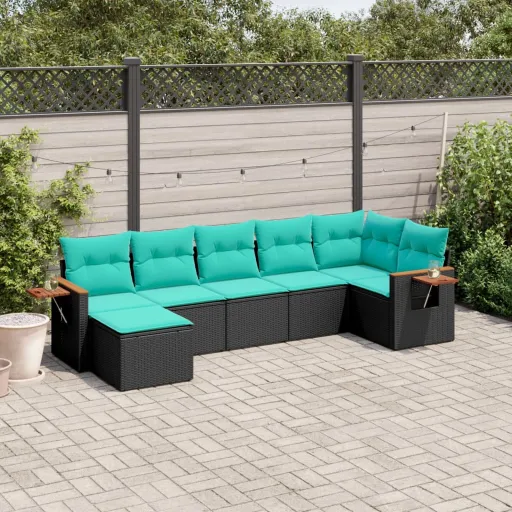 Conjunto de Sofás p/ Jardim c/ Almofadões Vime PE Preto (7 pcs)