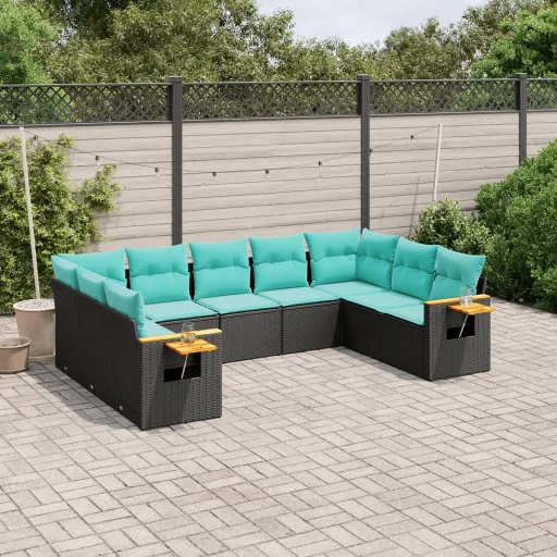 Conjunto de Sofás p/ Jardim c/ Almofadões Vime PE Preto (9 pcs)