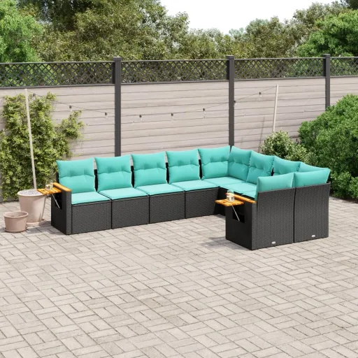 Conjunto de Sofás p/ Jardim c/ Almofadões Vime PE Preto (9 pcs)