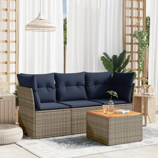 Conjunto Sofás p/ Jardim c/ Almofadões Vime PE Cinzento (4 pcs)