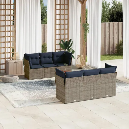 Conjunto Sofás p/ Jardim c/ Almofadões Vime PE Cinzento (7 pcs)