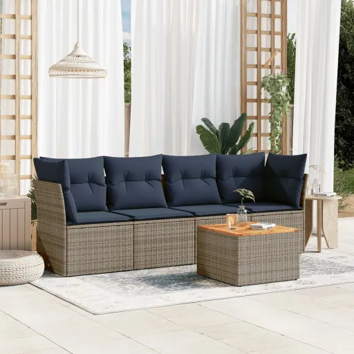 Conjunto Sofás p/ Jardim c/ Almofadões Vime PE Cinzento (5 pcs)