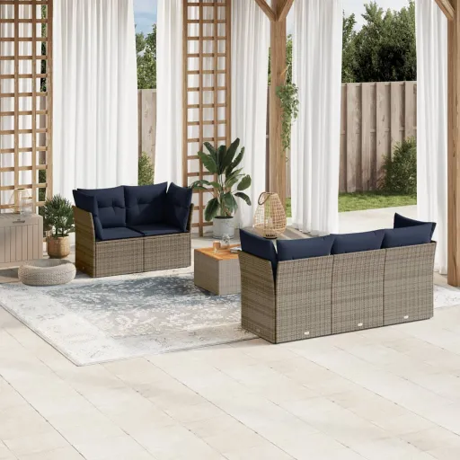 Conjunto Sofás p/ Jardim c/ Almofadões Vime PE Cinzento (6 pcs)
