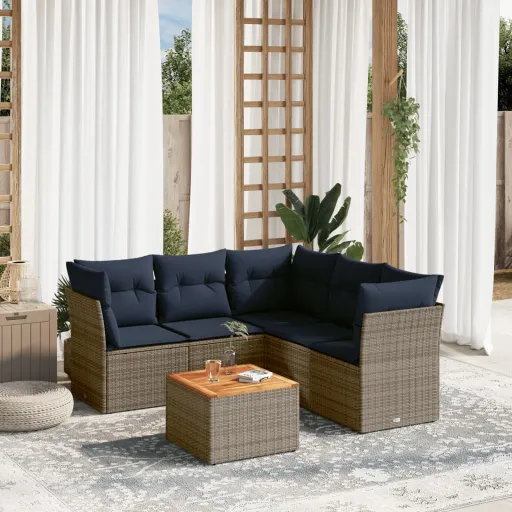 Conjunto Sofás p/ Jardim c/ Almofadões Vime PE Cinzento (6 pcs)