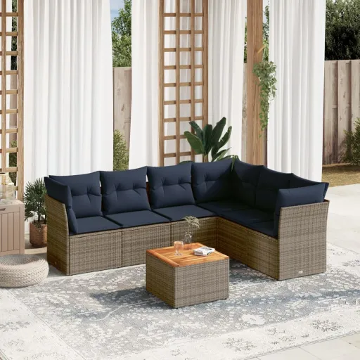 Conjunto Sofás p/ Jardim c/ Almofadões Vime PE Cinzento (7 pcs)