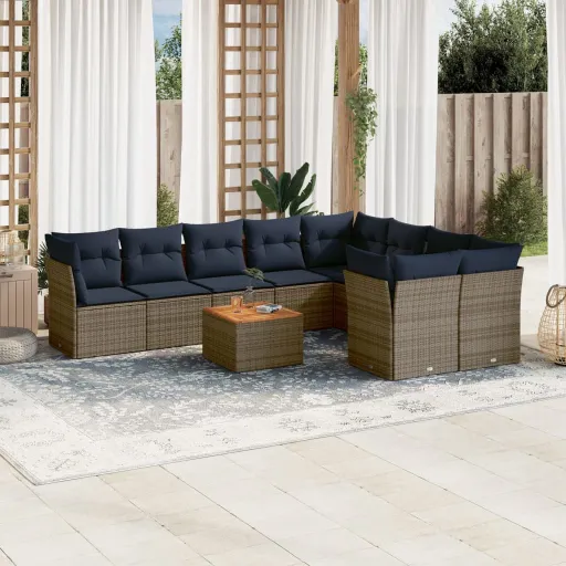 Conjunto Sofás p/ Jardim c/ Almofadões Vime PE Cinzento (10 pcs)