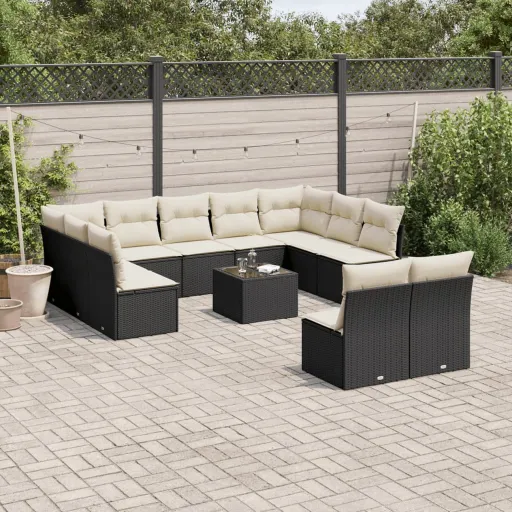 Conjunto de Sofás de Jardim c/ Almofadões Vime PE Preto (12 pcs)