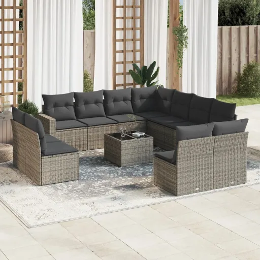 Conjunto de Sofás Jardim c/ Almofadões Vime PE Cinzento (12 pcs)